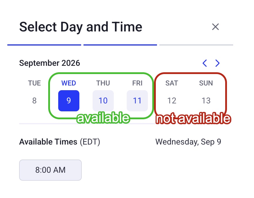 Example calendar: dates with blue numbers are open to schedule